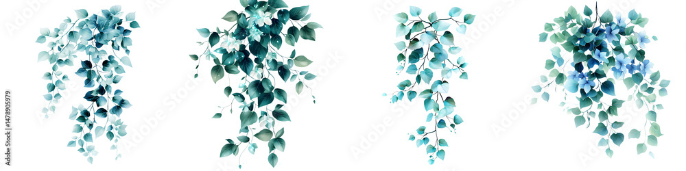Obraz premium Lush, cascading green leaves with delicate blue accents, embodying nature's beauty in a serene, artistic style, ideal for botanical illustrations and nature-themed designs.