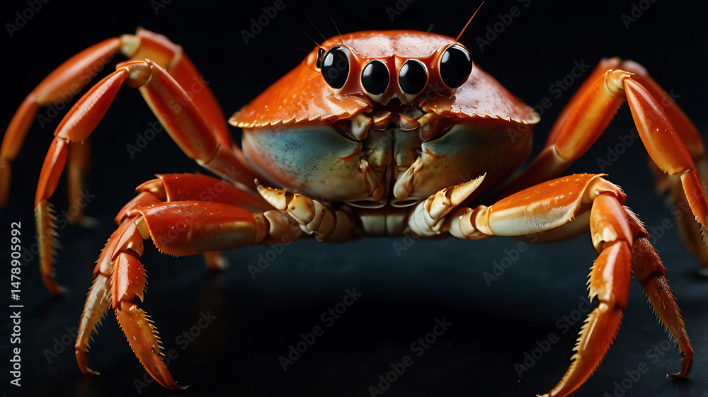 Close-up of a vibrant orange crab with multiple eyes against a dark background Close-up of a vibrant orange crab with multiple eyes against a dark background