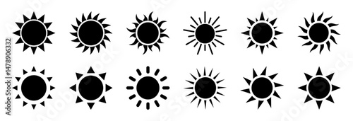 Set of 12 unique sun icons with various styles and ray patterns. Perfect for weather apps, summer themes, travel graphics, UI elements, and climate or sunlight vector icons. Sun, icons, vector.