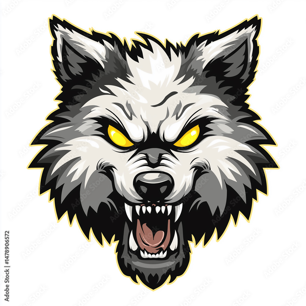 Obraz premium Wolf's fierce face: A striking illustration capturing the intense gaze and snarling expression of a wolf, its sharp teeth and piercing yellow eyes conveying raw power and untamed nature. 