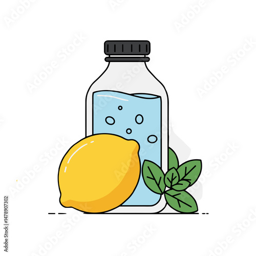 Lemon and mint leaves beside a bottle of sparkling water