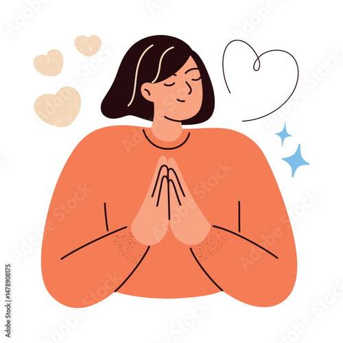 Flat cartoon illustration of woman with hands in gesture of gratitude and acceptance. Emotional and mental health, love, mindfulness, inner peace, self care and positive mindset vector illustration