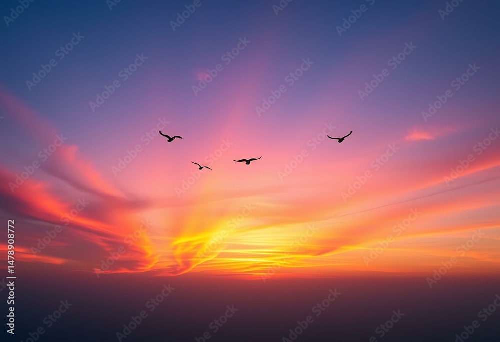 Obraz premium Purple and orange sunset with flying birds and wide open sky