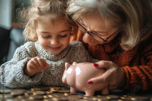 child money saving grandfmother family coin senior finance bank piggybank happy investment granddaughter girl financial elderly cash