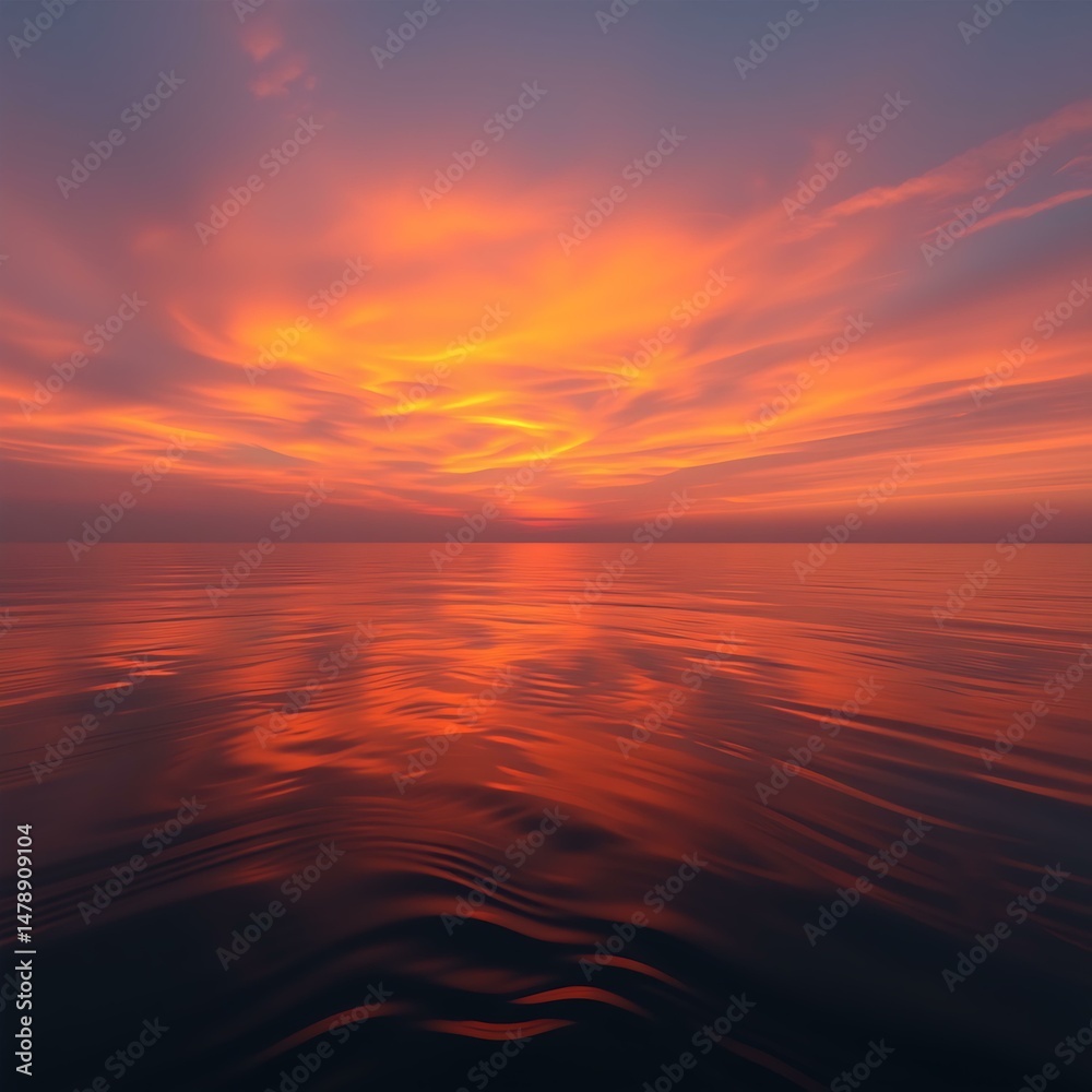 Fototapeta premium Sunset sky glowing with orange and pink over quiet water
