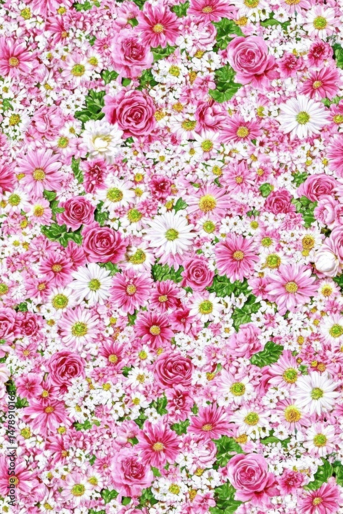 Naklejka premium Abundant Pink and White Floral Display Overhead Shot Featuring Roses Daisies and Small White Flowers