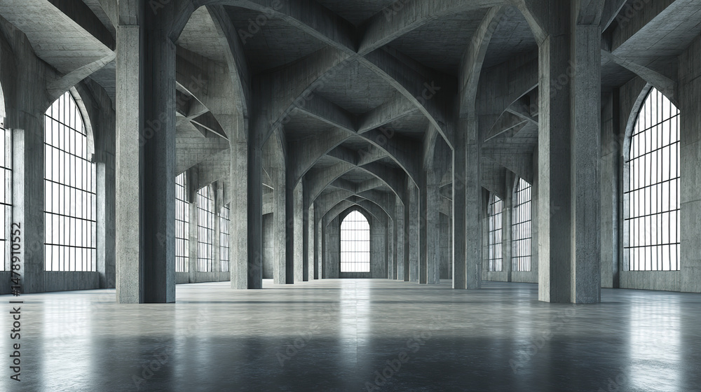 Fototapeta premium Minimalist concrete hall with towering columns and arched windows, embodying serene symmetry and modern elegance.