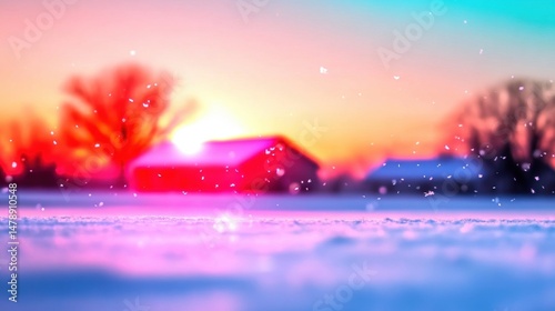 Soft snow falls gently on a serene rural landscape, with a colorful sunset casting warm light on nearby houses