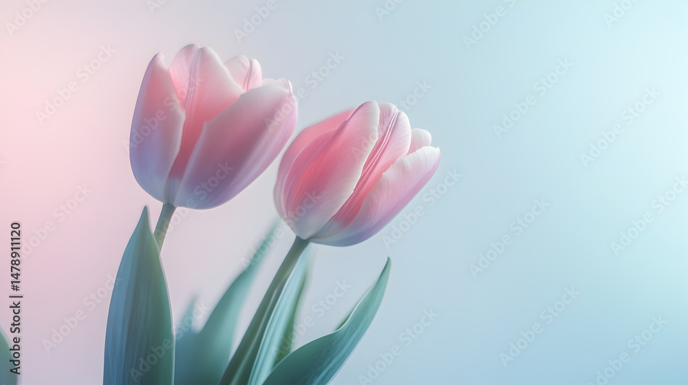 Fototapeta premium Two pink tulips are in a vase
