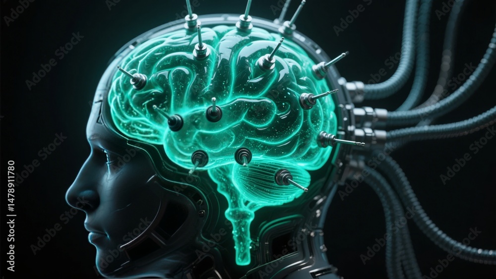 Obraz premium Cybernetic Brain with Electrodes and Cables