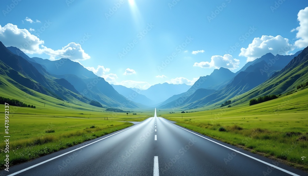 Naklejka premium Scenic road through green mountains and blue sky