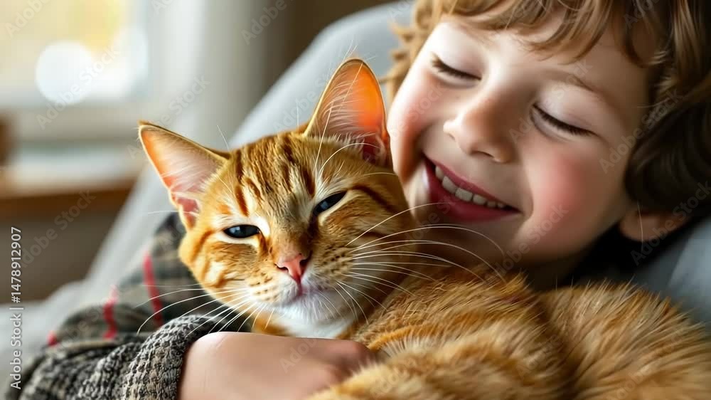 Adorable young boy with a bright smile on his face, embracing his beloved orange tabby cat in the comfort of their home during a peaceful and cozy morning. Adorable young boy with a bright smile on his face, embracing his beloved orange tabby cat in the comfort of their home during a peaceful and cozy morning.