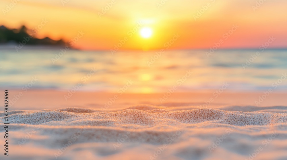 Obraz premium Soft sand glows under the golden rays of the setting sun, reflecting hues of orange and pink over the tranquil ocean waters