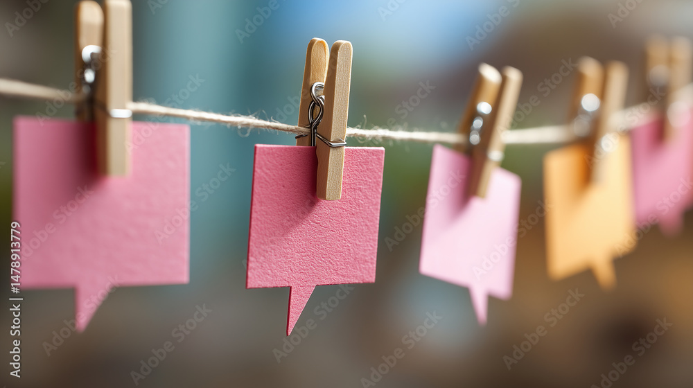 Fototapeta Colorful speech bubbles hanging on a line with wooden clothespins in a bright indoor setting, showcasing creative communication concepts
