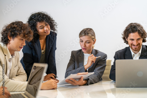 Leadership training, executive communication and team development in progress with diverse professionals in coaching seminar, strategic thinking and interpersonal skills in a modern workplace