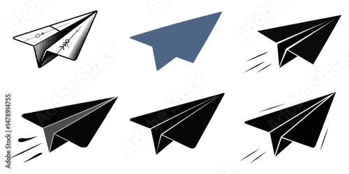 Paper plane icons of silhouette vector illustration on white background, Set of color paper airplanes isolated background, Paper Plane Icon, Paper Airplane Flat Gradient Icons Set