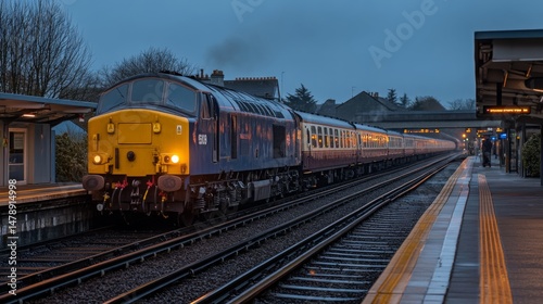 Wallpaper Mural An atmospheric image of a train passing through a station at dusk, with warm lights illuminating the platform and creating a vibrant contrast against the darkening sky Torontodigital.ca