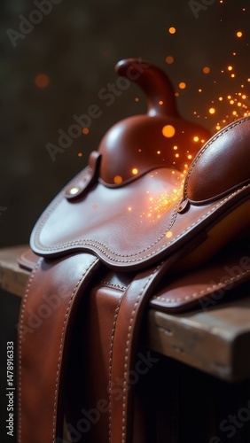 Brown saddle with a black horn on it. The saddle is on a wooden table. The image has a warm