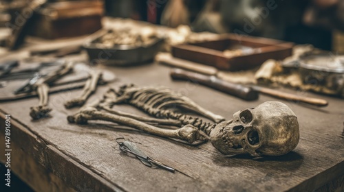 Ancient skeleton with visible pelvic bones, forensic tools nearby; uncovering human history through bone analysis.
