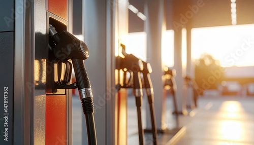 Fuel Pump Dispensers at a Gas Station During Golden Hour Sunset