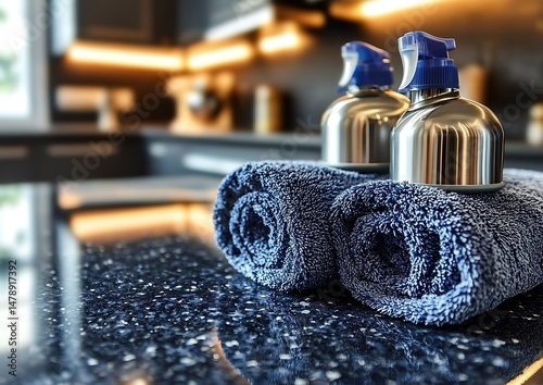 Rolled towels on countertop, spray bottles photo