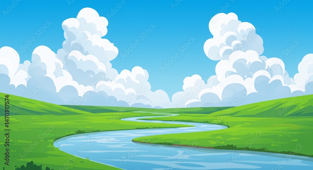 Fototapeta premium Serene River Landscape Rolling Green Hills Under a Sunny Sky
