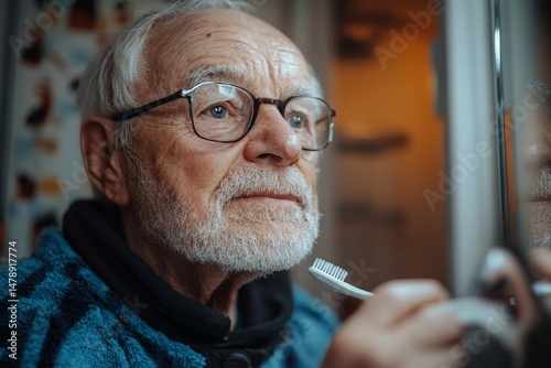 man tooth bathroom toothbrush hygiene senior morning routine brushing toothpaste care dental elderly home retirement mouth mirror health cleaning