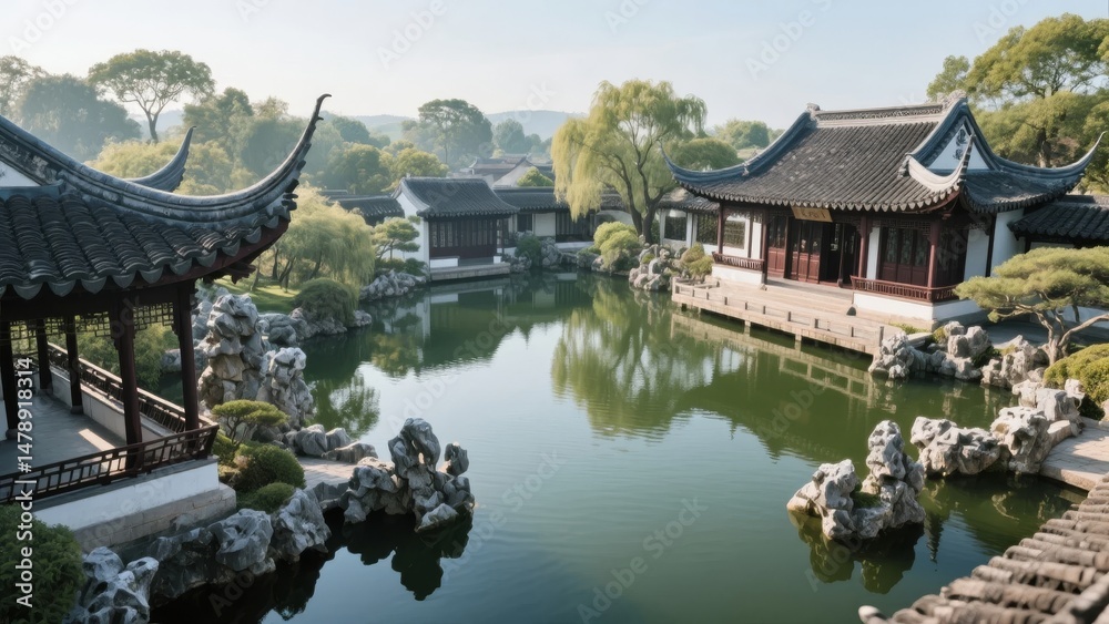 Fototapeta premium Traditional Chinese Garden with Pagodas and Reflective Pond