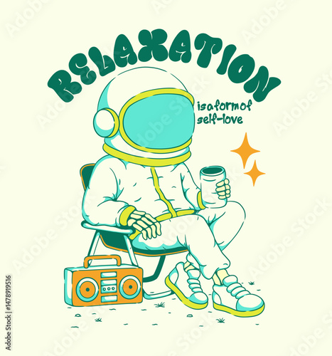Retro Urban Vibes Illustration. Relaxing Astronaut with Boombox and Street Pop Graphics for Apparel, Posters, and Print photo