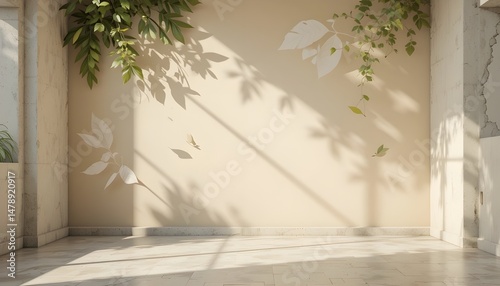 3D Beige Background Display with Shadow Leaves Overlay on Cement Wall Room