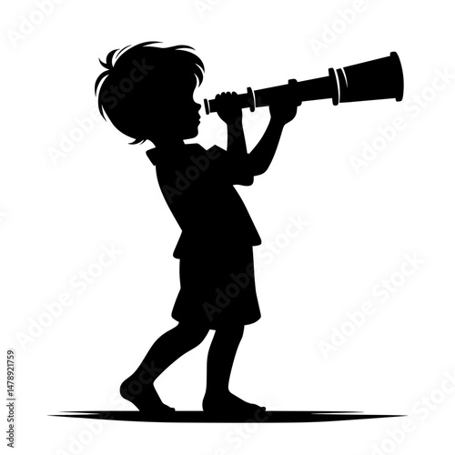 Child watching sky with telescope