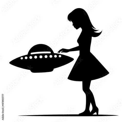 Woman touching floating UFO silhouette