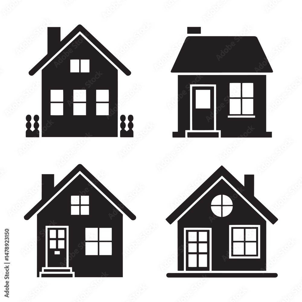 This image features four different house silhouettes in black on a white background. Four Simple Black and White House Icons This image features four different house silhouettes in black on a white background. Four Simple Black and White House Icons