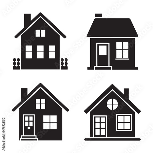 This image features four different house silhouettes in black on a white background. Four Simple Black and White House Icons