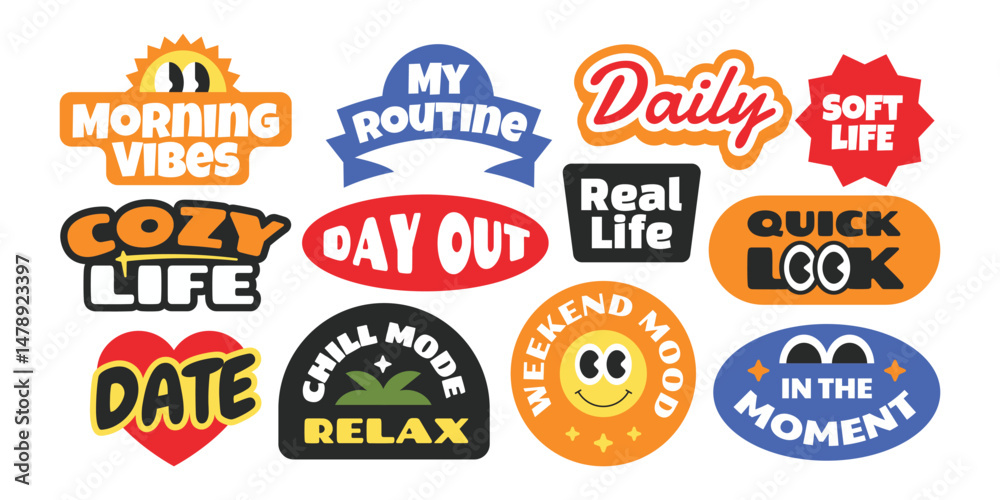 Naklejka premium Daily life stickers collection. Y2k style design Gen z and millenials caption for video editing or social media