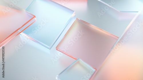 Abstract Geometric Background with Transparent Glass Shapes and Pastel Light Refractions geometric