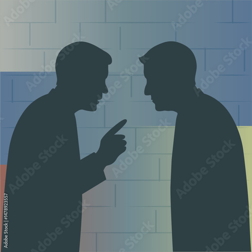 Concept of shadow peace talks in Ukraine. Banner with two silhouettes of men secretly making a deal against a wall in flag colors