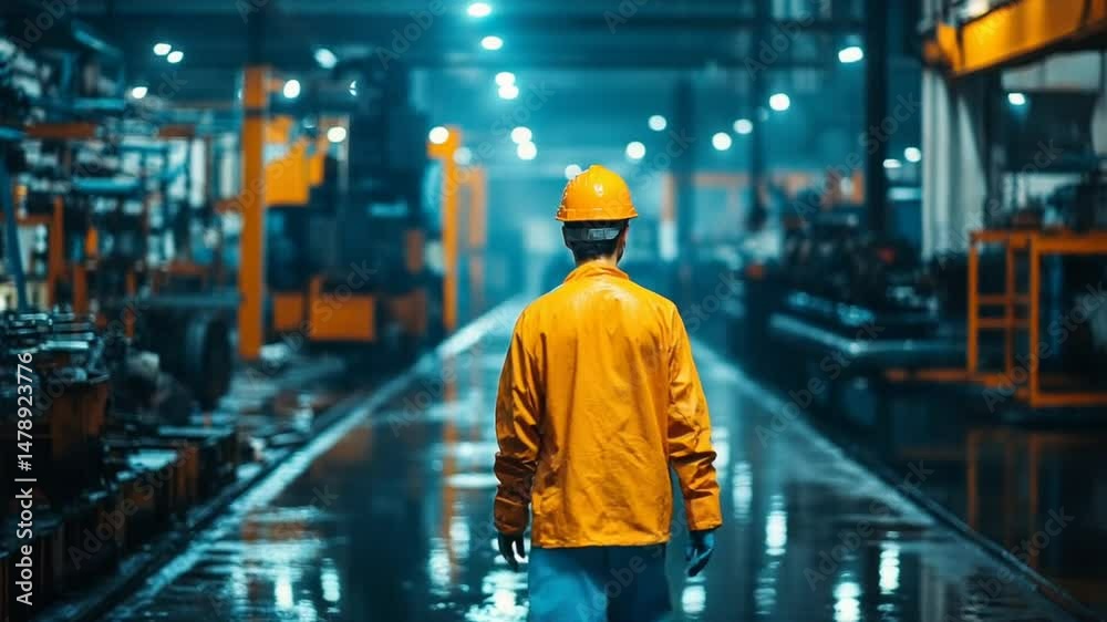 Worker in Yellow Jacket Stands in Industrial Warehouse at Night