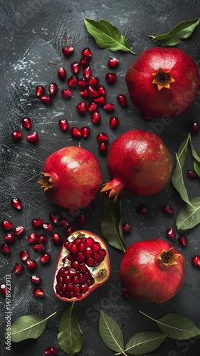 A group of ripe pomegranate fruits, in vibrant red color, are arranged on a wooden table with a dark background. The top view offers a rich display of textures and contrast.