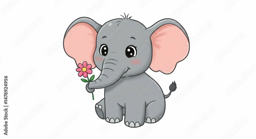 Fototapeta premium Adorable cartoon elephant holds pink flower