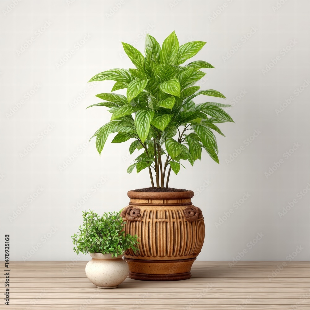 Fototapeta premium Green Potted Plants on Wooden Table Against White Wall
