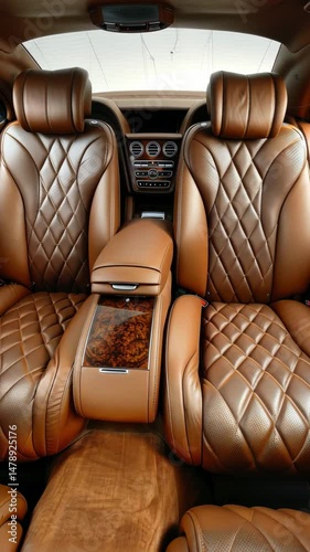 A high-end, luxurious front view of spacious brown leather back passenger seats in a sleek, modern, and stylish luxury car interior, showcasing comfort and elegance.