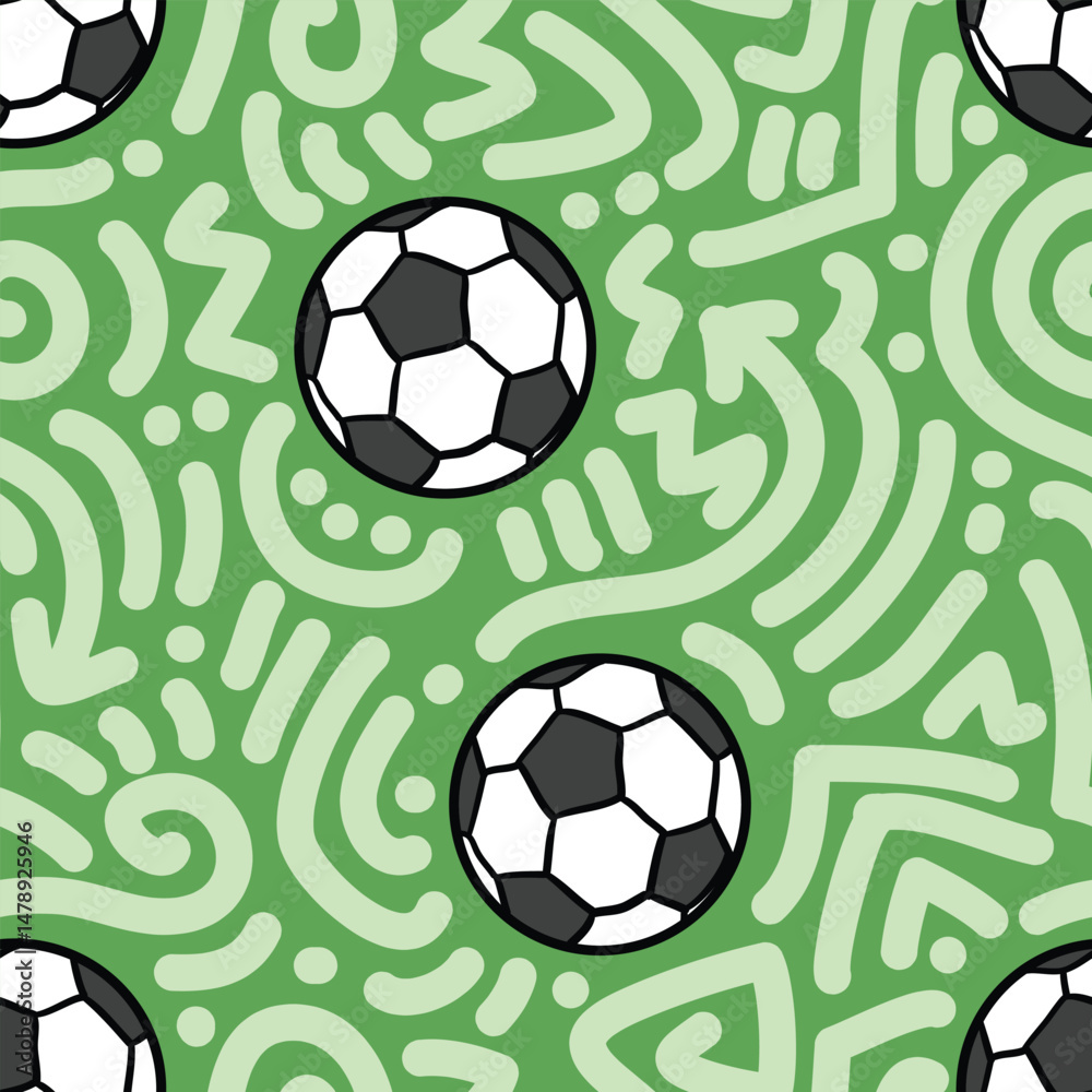 Obraz premium Football soccer and doodle seamless pattern in green theme