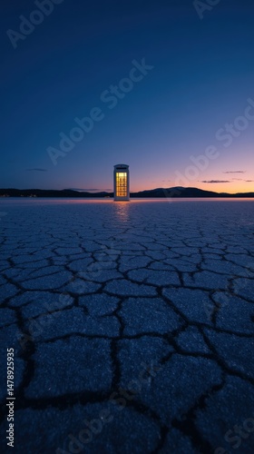 Telephone Booth in the Center of Frozen Lake, Glowing Softly in Twilight Surrounded by Ice Cracks photo