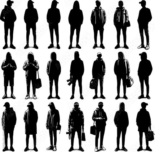 Vector silhouettes man and women, illustration. Silhouettes of young people posing in casual clothes. EPS 10 version.