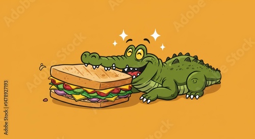 Cartoon crocodile with a tasty sandwich