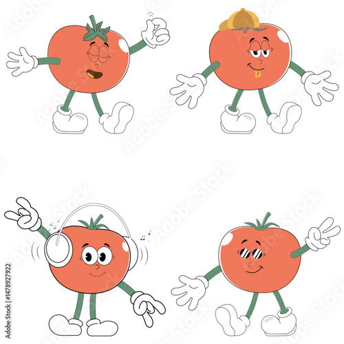 Tomato set mascot teenagers in 70s style groovy.