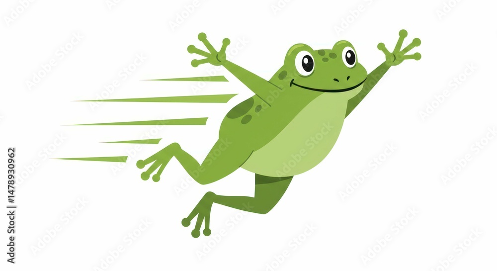 Naklejka premium Happy green frog jumps joyfully with speed lines.