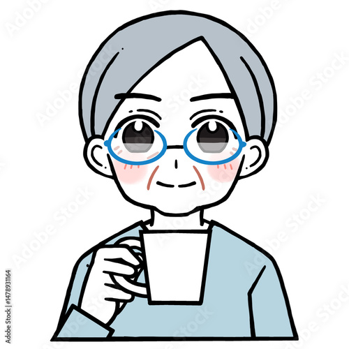 コップを持つ眼鏡の老人男性のイラスト