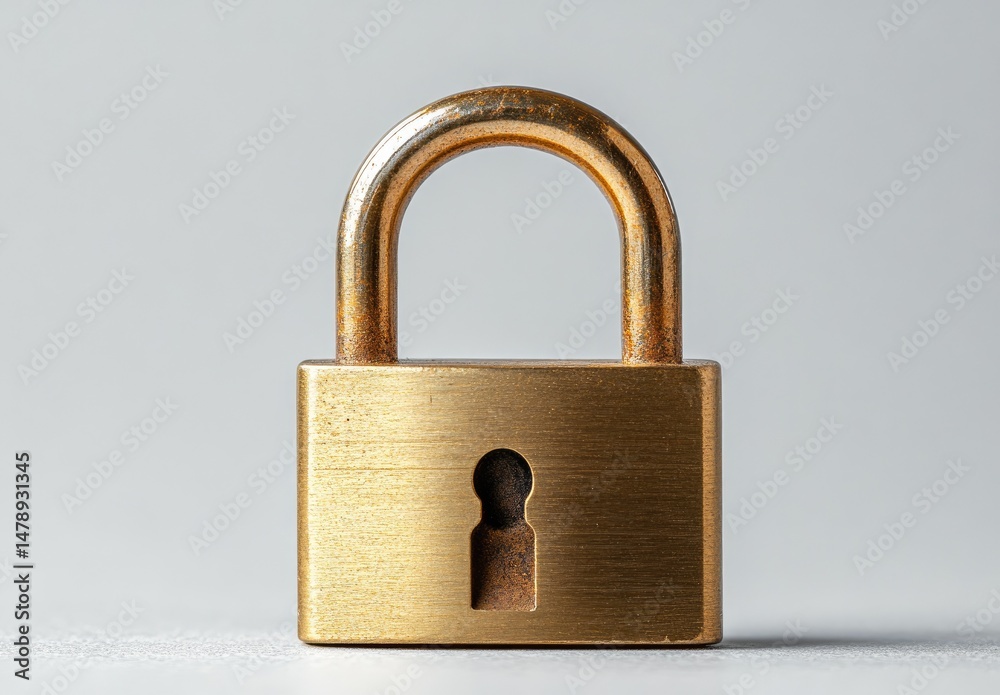 Naklejka premium Brass padlock on gray background